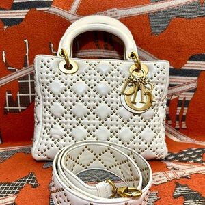 CHRISTIAN DIOR ❤️🌟LADY DIOR STUDDED WHITE SUPPLE LEATHER W/ LONG STRAP⭐️